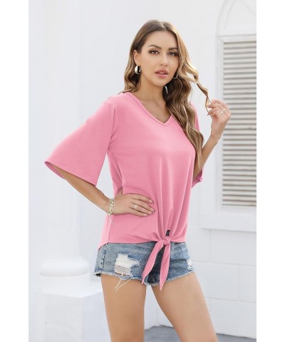 Women's Tie Front Tops Summer V Neck 3/4 Bell Sleeve Twist Knot Shirt Pink $12.18 Blouses