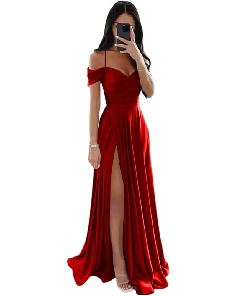 Women's Off Shoulder A-Line Bridesmaid Dress with Slit Satin Pleated Formal Evening Gowns CYM206 Red $31.34 Dresses