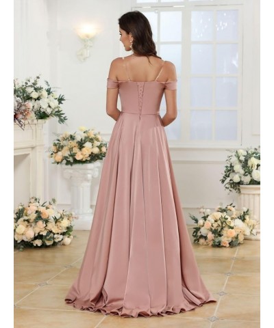 Women's Off Shoulder A-Line Bridesmaid Dress with Slit Satin Pleated Formal Evening Gowns CYM206 Red $31.34 Dresses