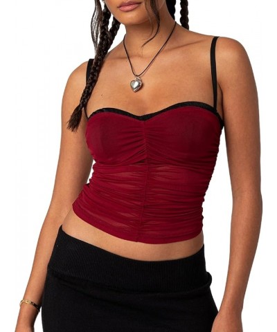 Women Y2K Sheer Mesh Camisole Lace Low Cut Ruched Tank Top See Through Slim Fit Crop Cami Sexy Going Out Top K-red Pleated $5...