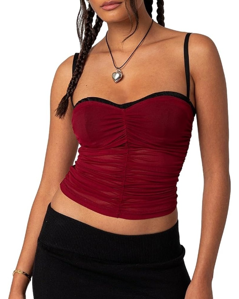 Women Y2K Sheer Mesh Camisole Lace Low Cut Ruched Tank Top See Through Slim Fit Crop Cami Sexy Going Out Top K-red Pleated $5...