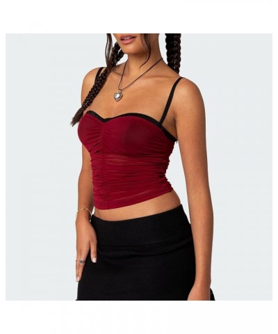 Women Y2K Sheer Mesh Camisole Lace Low Cut Ruched Tank Top See Through Slim Fit Crop Cami Sexy Going Out Top K-red Pleated $5...