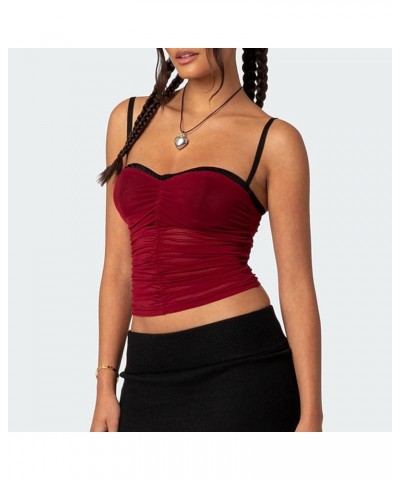 Women Y2K Sheer Mesh Camisole Lace Low Cut Ruched Tank Top See Through Slim Fit Crop Cami Sexy Going Out Top K-red Pleated $5...