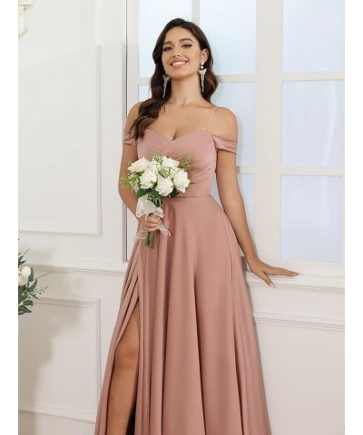 Women's Off Shoulder A-Line Bridesmaid Dress with Slit Satin Pleated Formal Evening Gowns CYM206 Red $31.34 Dresses