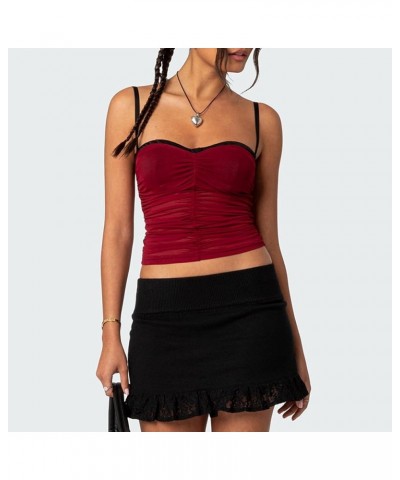 Women Y2K Sheer Mesh Camisole Lace Low Cut Ruched Tank Top See Through Slim Fit Crop Cami Sexy Going Out Top K-red Pleated $5...