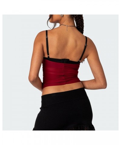 Women Y2K Sheer Mesh Camisole Lace Low Cut Ruched Tank Top See Through Slim Fit Crop Cami Sexy Going Out Top K-red Pleated $5...