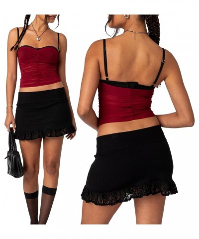 Women Y2K Sheer Mesh Camisole Lace Low Cut Ruched Tank Top See Through Slim Fit Crop Cami Sexy Going Out Top K-red Pleated $5...