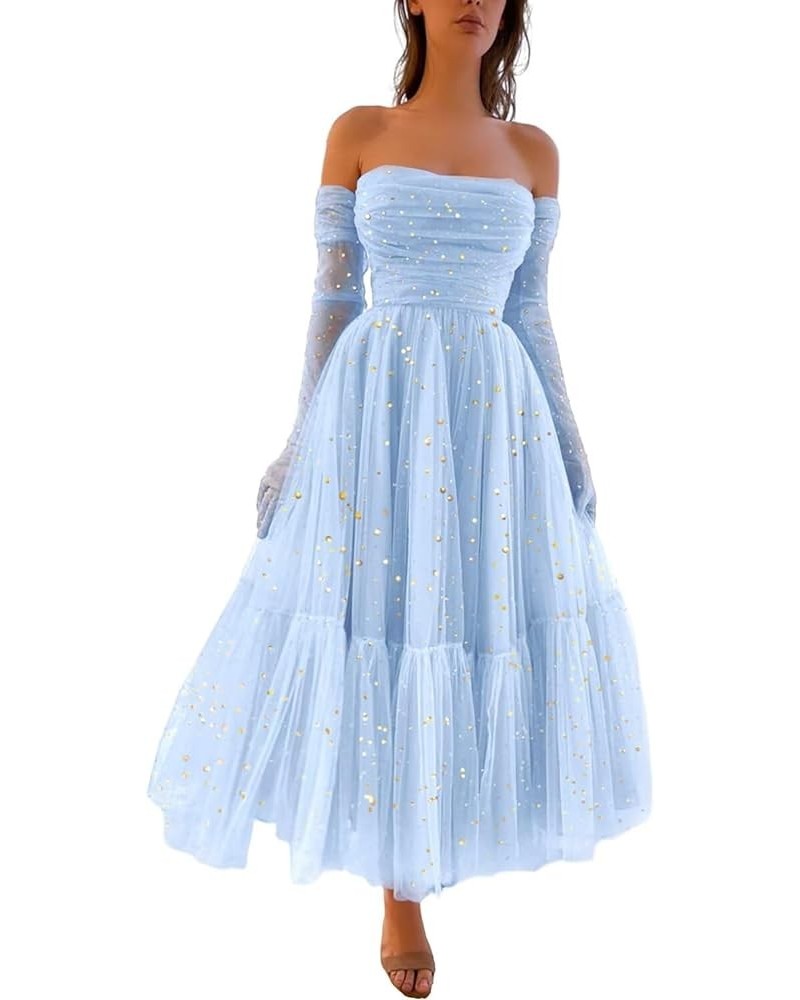 Sparkly Starry 2024 Tulle Prom Dress for Women Long Gloves A Line Formal Evening Party Gowns Sky Blue $27.60 Dresses