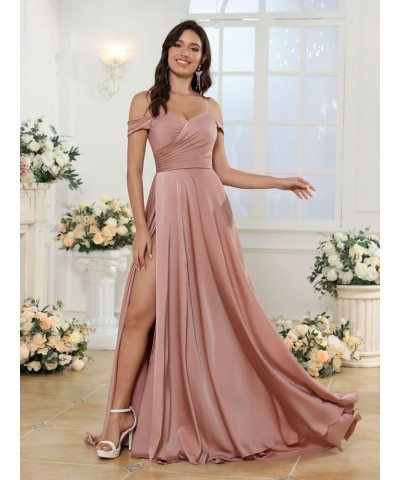 Women's Off Shoulder A-Line Bridesmaid Dress with Slit Satin Pleated Formal Evening Gowns CYM206 Red $31.34 Dresses