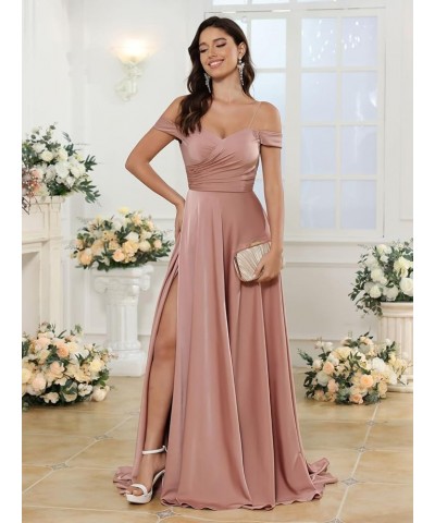 Women's Off Shoulder A-Line Bridesmaid Dress with Slit Satin Pleated Formal Evening Gowns CYM206 Red $31.34 Dresses