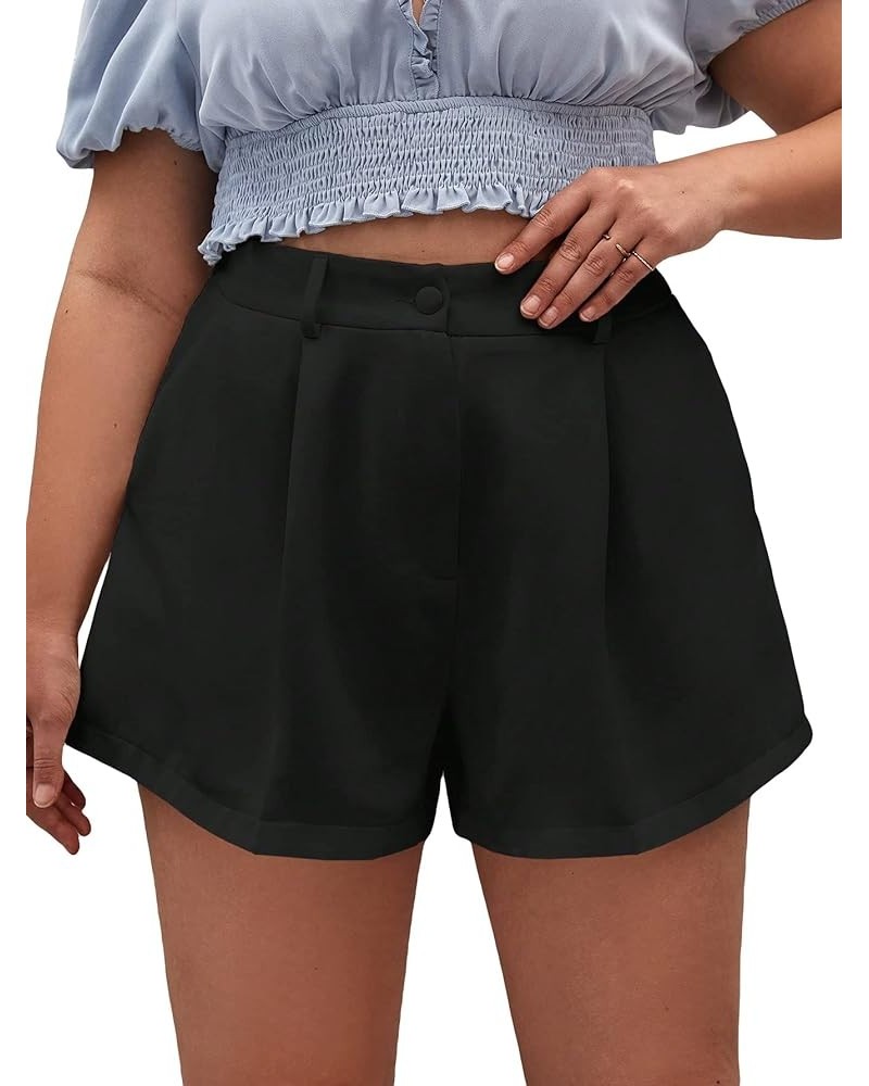 Women's High Waist Fold Pleated Belted Rolled Paper Bag Shorts with Pockets Plus Black B $11.60 Shorts