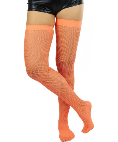 Women’s Bright and Vibrant Fishnet Thigh High Stockings Fine Net - Neon Orange $9.49 Socks