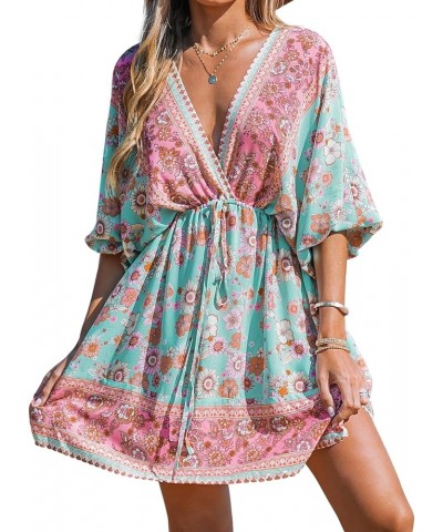 Women Floral Ornate Print Tie Front Dress 3/4 Balloon Sleeves Paisley Beach Dresses Blue $24.00 Others