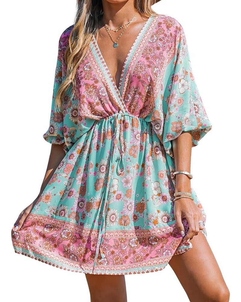 Women Floral Ornate Print Tie Front Dress 3/4 Balloon Sleeves Paisley Beach Dresses Blue $24.00 Others