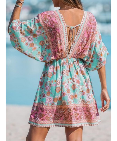 Women Floral Ornate Print Tie Front Dress 3/4 Balloon Sleeves Paisley Beach Dresses Blue $24.00 Others