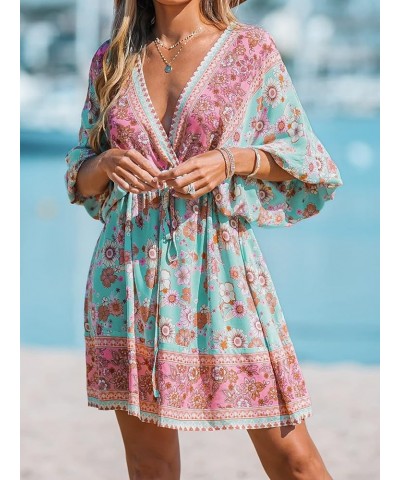 Women Floral Ornate Print Tie Front Dress 3/4 Balloon Sleeves Paisley Beach Dresses Blue $24.00 Others