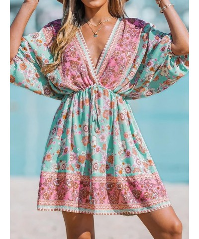 Women Floral Ornate Print Tie Front Dress 3/4 Balloon Sleeves Paisley Beach Dresses Blue $24.00 Others