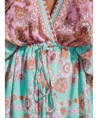 Women Floral Ornate Print Tie Front Dress 3/4 Balloon Sleeves Paisley Beach Dresses Blue $24.00 Others