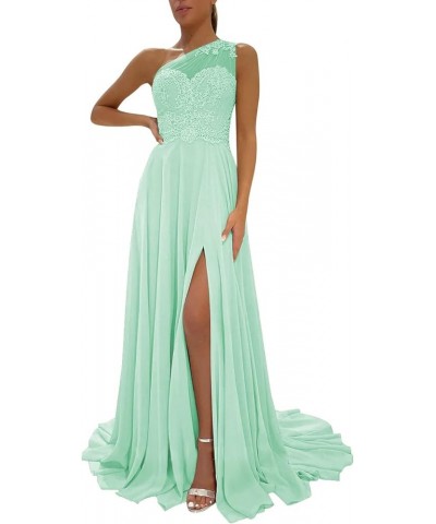 One Shoulder Chiffon Bridesmaid Dresses for Wedding 2024 Lace Slit Prom Dress with Pocket Evening Formal Gown Mint Green $34....