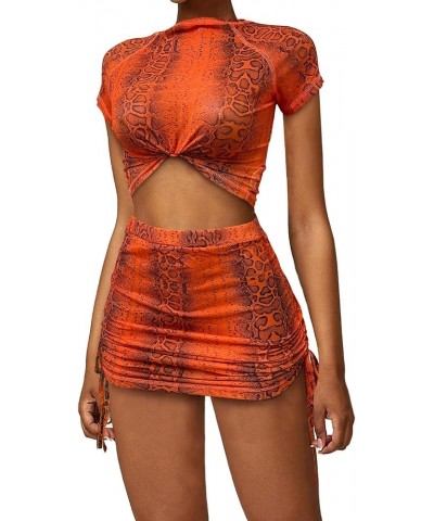 Mesh Cover Up See Through Party Beach Outfits Snakeskin 2 Piece Mini Skirt Set A4 Orange Mesh $13.50 Others