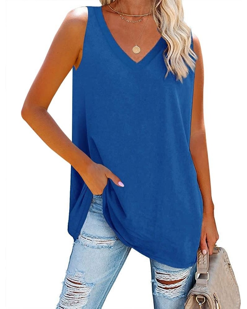 Women V Neck Tank Tops Summer Loose Casual Basic Solid Color Sleeveless Shirts Tunic Tops Blue $12.00 Tanks