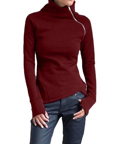 Slim Fit Turtleneck Sweatshirt for Women Zip Irregular Hem Pullover with Thumb Hole Casual Mock Neck Sweater Tops Red $8.54 A...