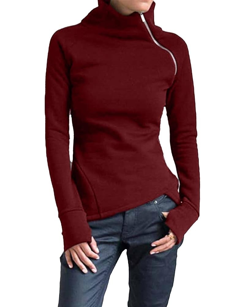 Slim Fit Turtleneck Sweatshirt for Women Zip Irregular Hem Pullover with Thumb Hole Casual Mock Neck Sweater Tops Red $8.54 A...