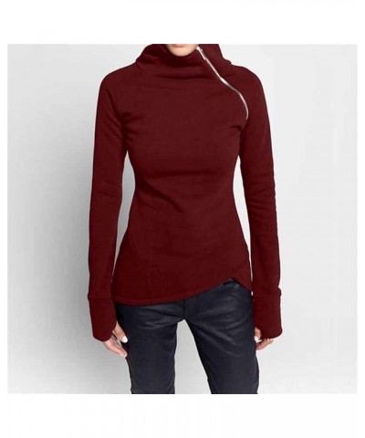 Slim Fit Turtleneck Sweatshirt for Women Zip Irregular Hem Pullover with Thumb Hole Casual Mock Neck Sweater Tops Red $8.54 A...