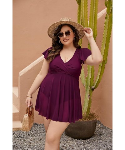 Women's Plus Size Swimsuit One Piece Tummy Control Bathing Suit Ruffle Sleeve Swim Dress plus-size Fuchsia05 $15.60 Swimsuits