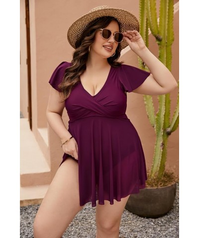 Women's Plus Size Swimsuit One Piece Tummy Control Bathing Suit Ruffle Sleeve Swim Dress plus-size Fuchsia05 $15.60 Swimsuits