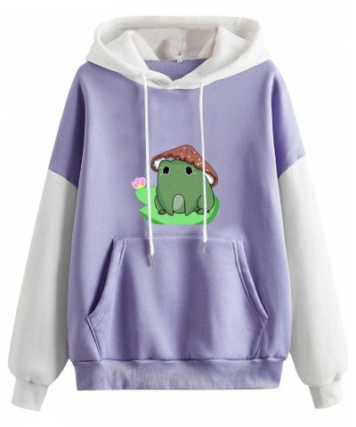 Cute Frog Hoodie for Womens Teen Girls Long Sleeve Patchwork Sweatshirts Kawaii Frog Graphic Pullover with Pocket B01-cute Fr...