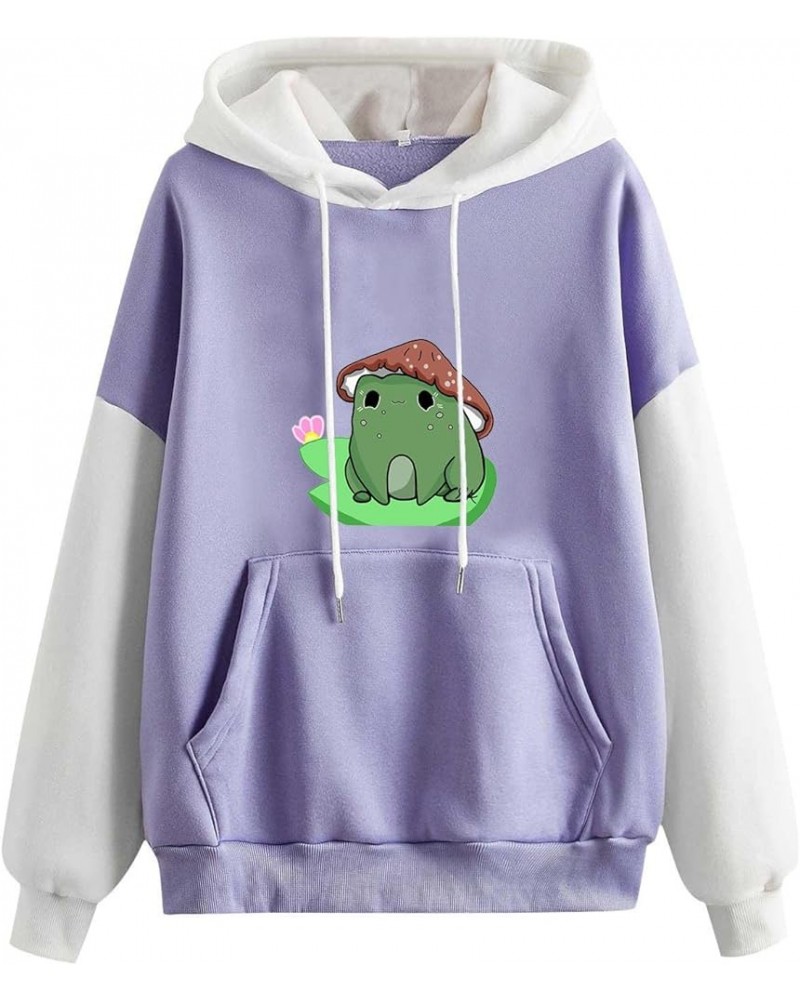 Cute Frog Hoodie for Womens Teen Girls Long Sleeve Patchwork Sweatshirts Kawaii Frog Graphic Pullover with Pocket B01-cute Fr...