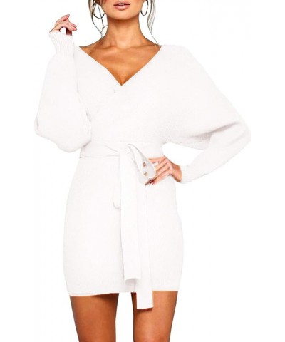 Women's V Neck Long Batwing Sleeve Wrap Midi Knit Sweater Dress Elegant Backless with Belt Slit 2- Mini- White $28.59 Sweaters