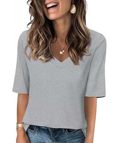 Women's V Neck T Shirts Half Sleeve Tops Casual Solid Summer Tees Gray $12.70 T-Shirts