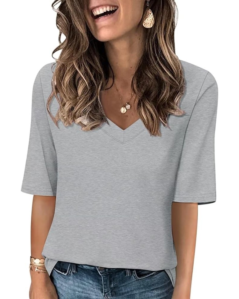 Women's V Neck T Shirts Half Sleeve Tops Casual Solid Summer Tees Gray $12.70 T-Shirts