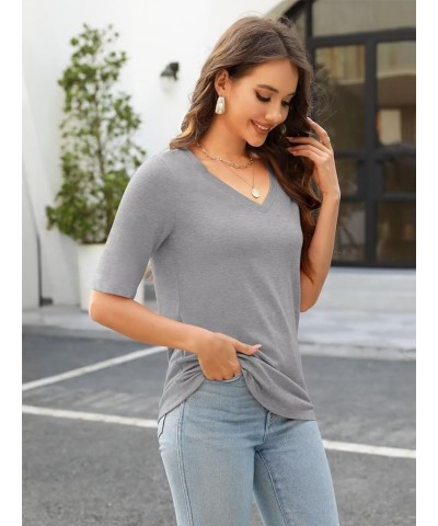 Women's V Neck T Shirts Half Sleeve Tops Casual Solid Summer Tees Gray $12.70 T-Shirts