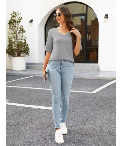 Women's V Neck T Shirts Half Sleeve Tops Casual Solid Summer Tees Gray $12.70 T-Shirts