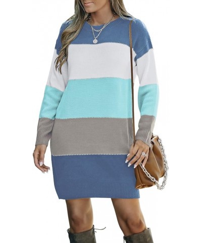 Womens Long Sleeve Color Block Sweater Dress Casual Loose Elasticity Winter Knit Pullover Dresses B Sky Blue $23.39 Sweaters