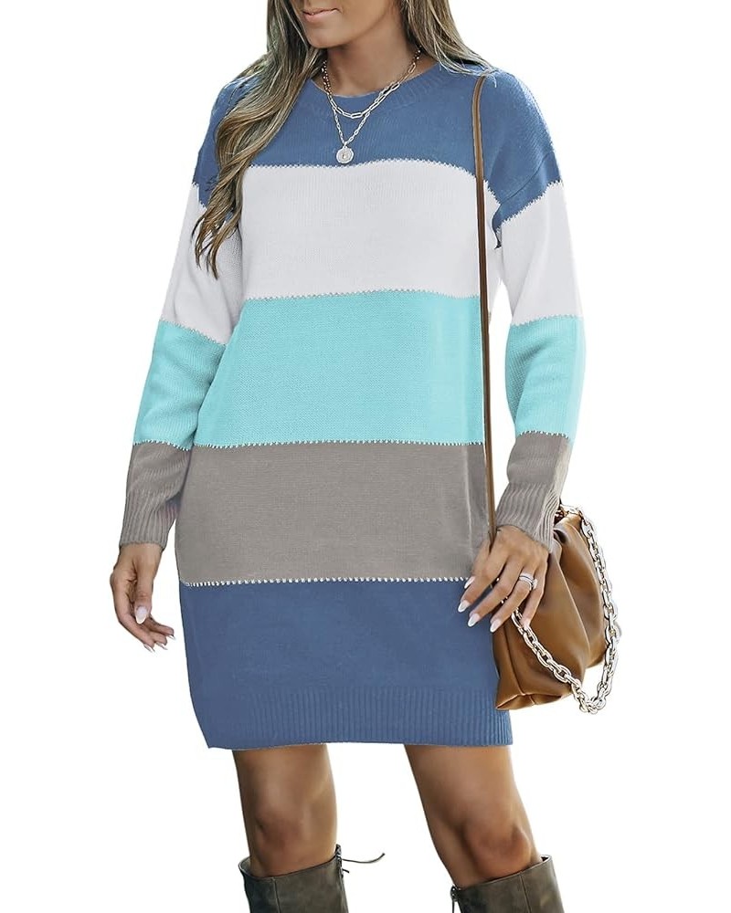 Womens Long Sleeve Color Block Sweater Dress Casual Loose Elasticity Winter Knit Pullover Dresses B Sky Blue $23.39 Sweaters