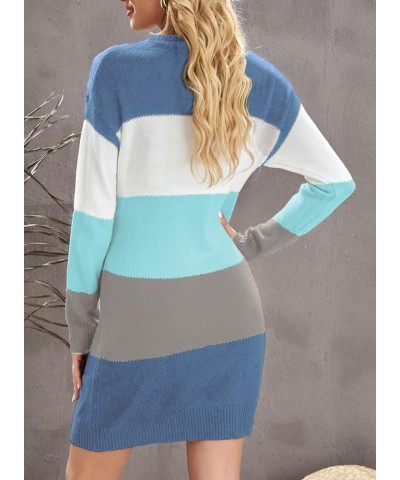 Womens Long Sleeve Color Block Sweater Dress Casual Loose Elasticity Winter Knit Pullover Dresses B Sky Blue $23.39 Sweaters