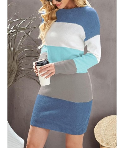 Womens Long Sleeve Color Block Sweater Dress Casual Loose Elasticity Winter Knit Pullover Dresses B Sky Blue $23.39 Sweaters