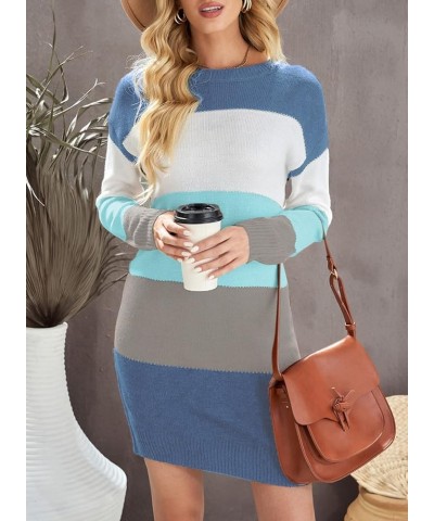 Womens Long Sleeve Color Block Sweater Dress Casual Loose Elasticity Winter Knit Pullover Dresses B Sky Blue $23.39 Sweaters