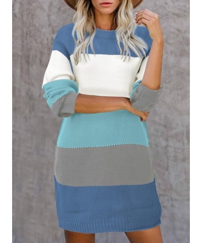 Womens Long Sleeve Color Block Sweater Dress Casual Loose Elasticity Winter Knit Pullover Dresses B Sky Blue $23.39 Sweaters