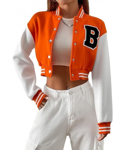 Women's Casual Button Down Letter Patched Color Block Crop Varsity Jacket Outerwear Burnt Orange $23.69 Jackets