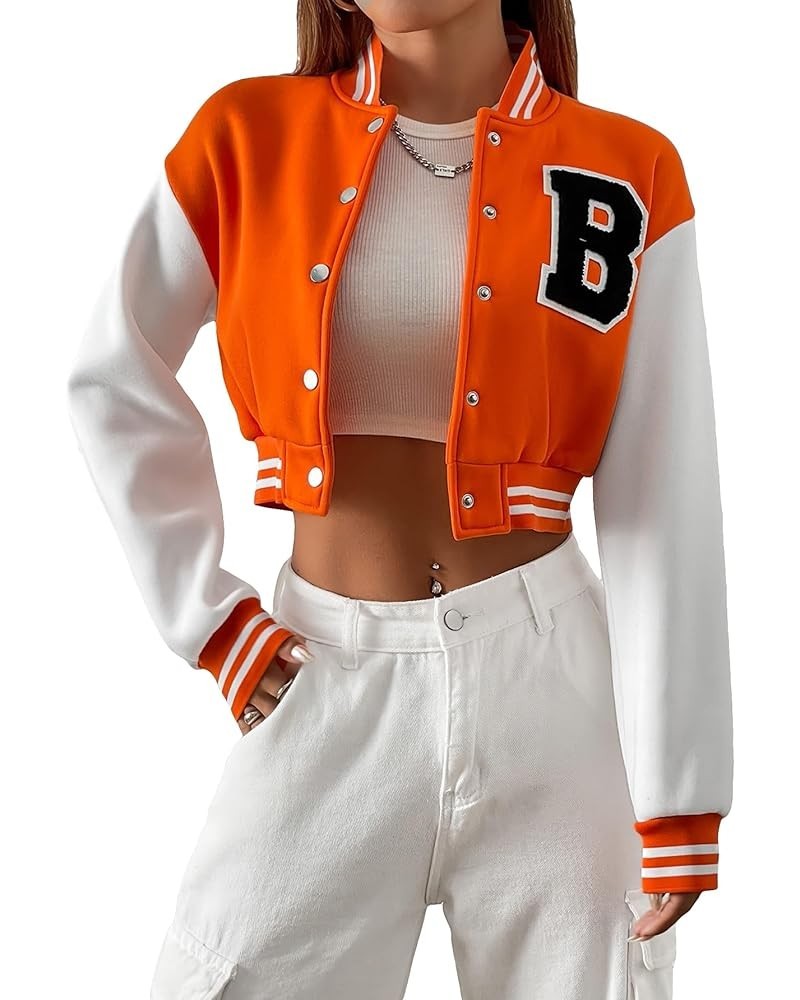 Women's Casual Button Down Letter Patched Color Block Crop Varsity Jacket Outerwear Burnt Orange $23.69 Jackets