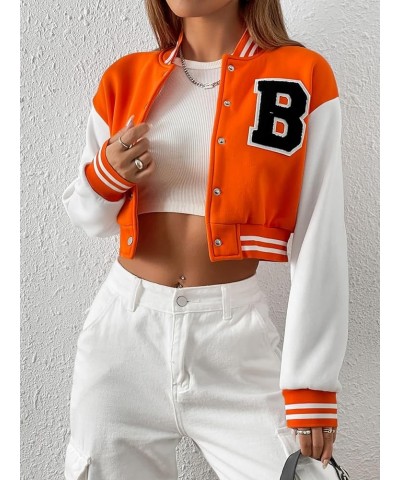 Women's Casual Button Down Letter Patched Color Block Crop Varsity Jacket Outerwear Burnt Orange $23.69 Jackets