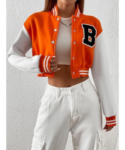 Women's Casual Button Down Letter Patched Color Block Crop Varsity Jacket Outerwear Burnt Orange $23.69 Jackets