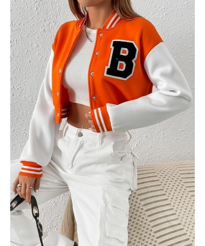 Women's Casual Button Down Letter Patched Color Block Crop Varsity Jacket Outerwear Burnt Orange $23.69 Jackets