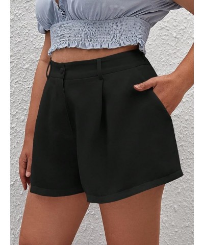 Women's High Waist Fold Pleated Belted Rolled Paper Bag Shorts with Pockets Plus Black B $11.60 Shorts