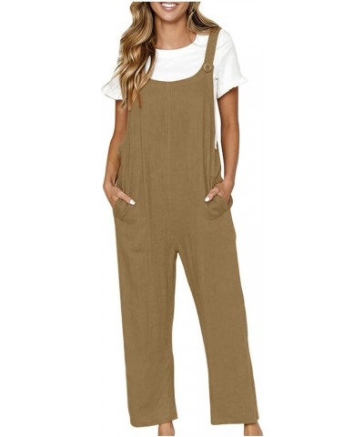 2023 Cotton Linen Womens Round Neck Straps Button Decor Jumpsuits Baggy Bib Overalls Casual Long Romper with Pockets Khaki 3 ...